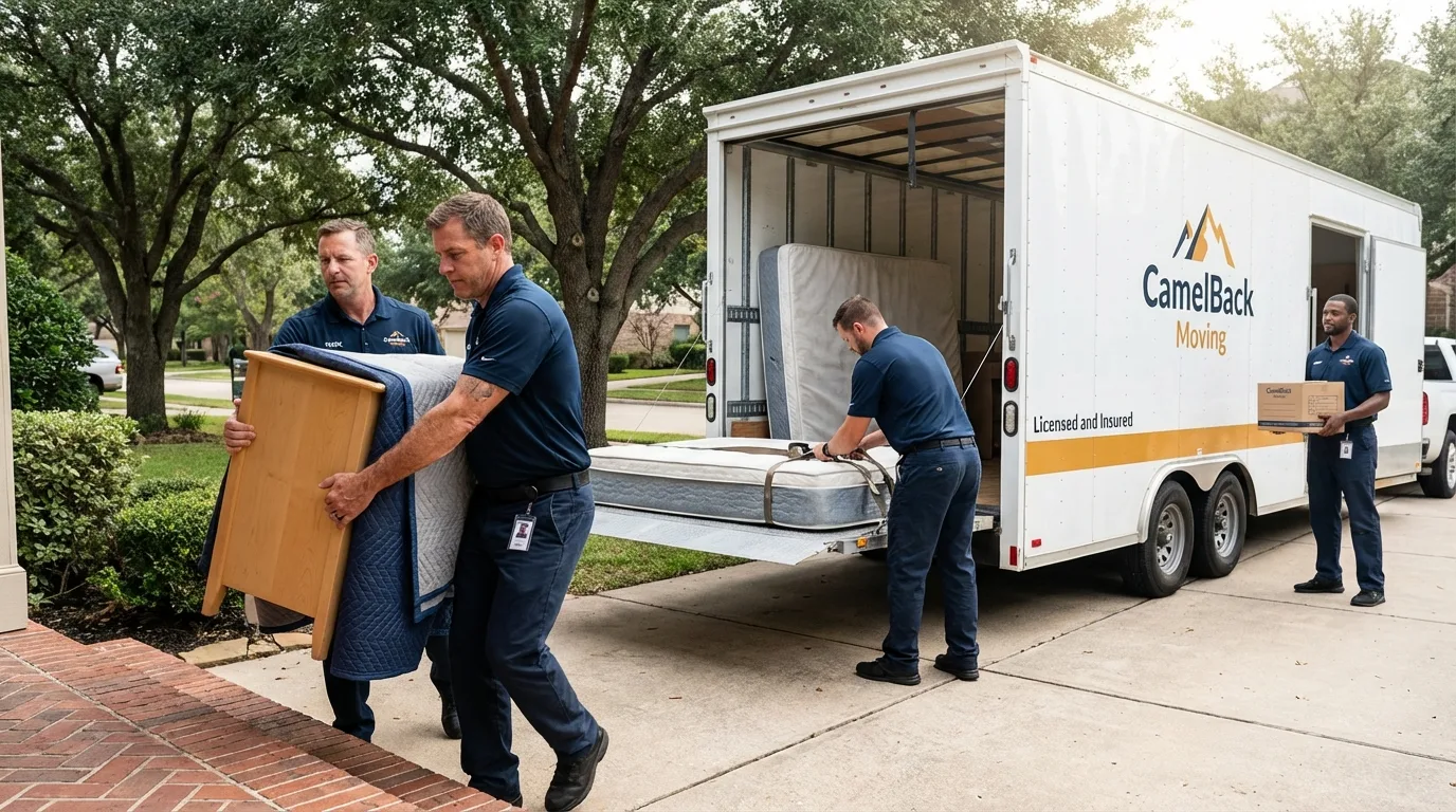 Crew loading residential truck for cross-state move from Villisca, IA
