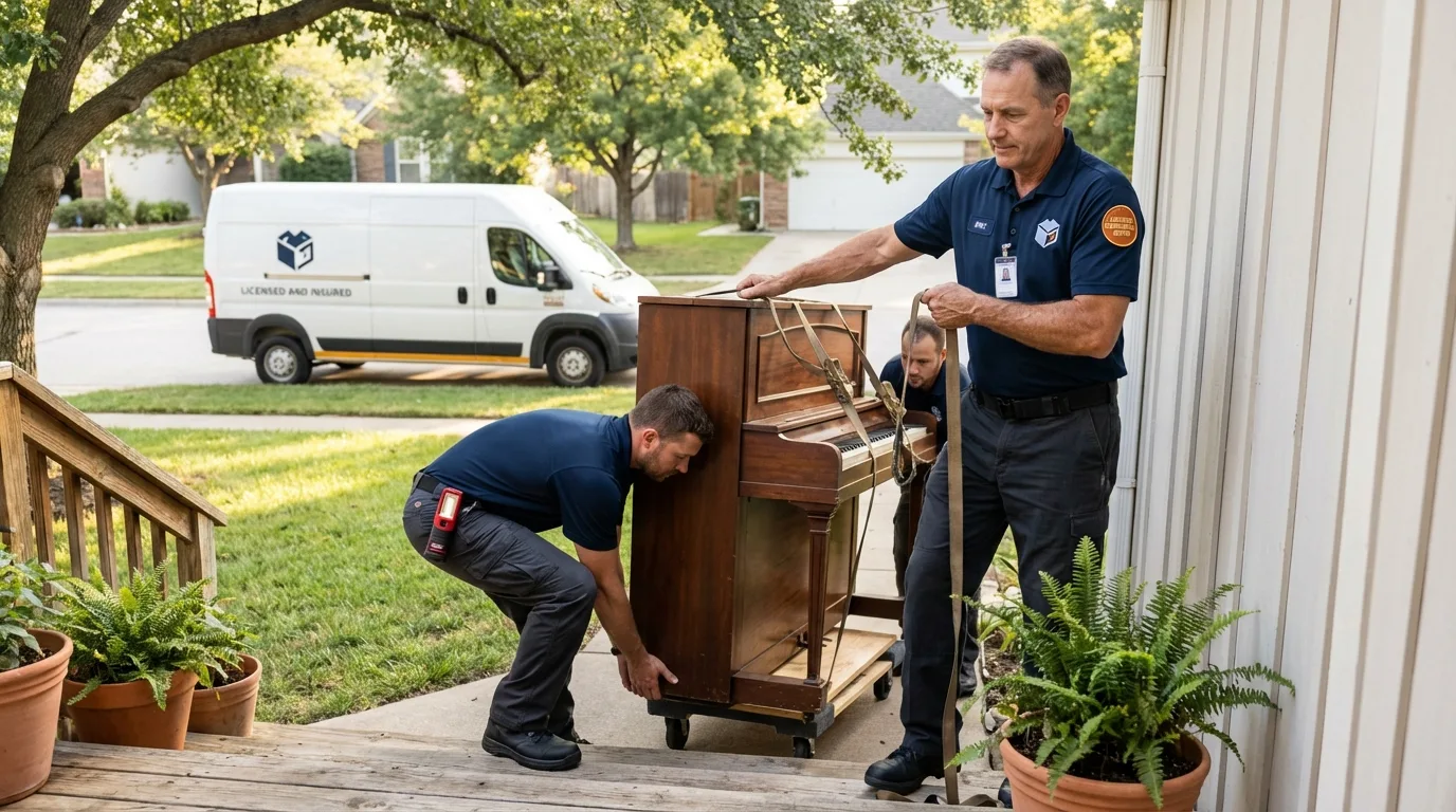 Licensed piano movers securing grand piano in Villisca, IA