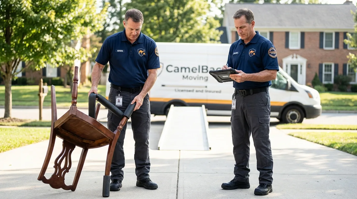 Movers inspecting furniture for damage prevention before loading in Villisca, IA
