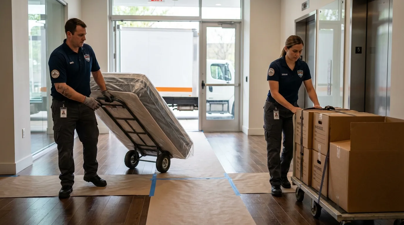 Professional apartment movers loading elevator in Villisca, IA