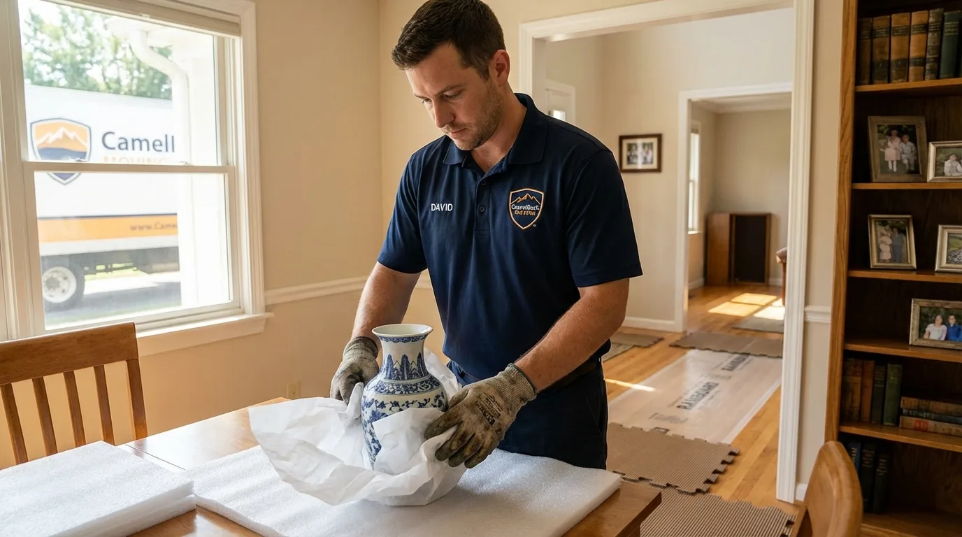 Professional crew carefully wrapping antique vase for senior downsizing move in Villisca, IA